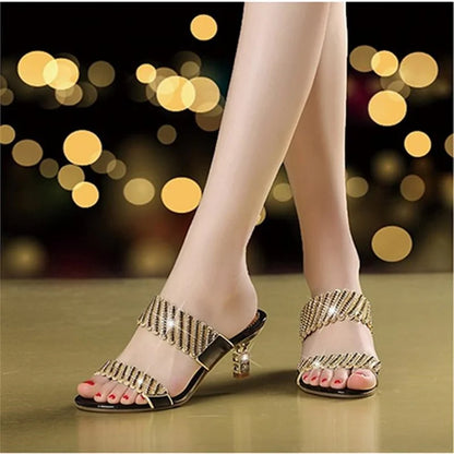 2024 nuove donne estate moda Comfort sandali eleganti oro una parola diamante tacco a spillo sandali con strass tacco medio
