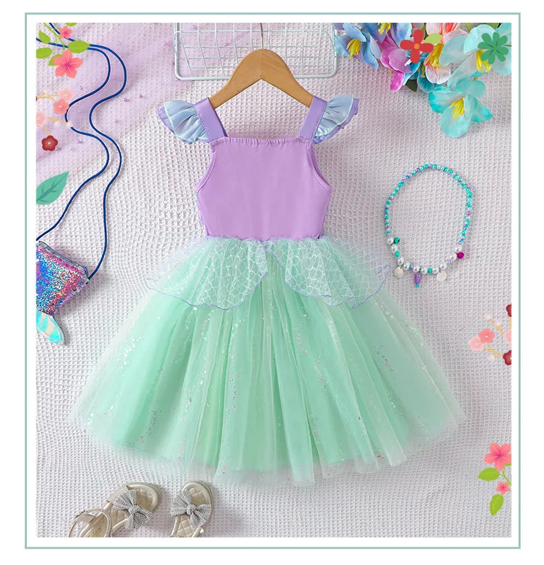 Costume da spettacolo con paillettes Abiti da principessa per ragazza Gonna a rete con fionda Abito da ragazza di compleanno Abiti da ragazza per feste a tema sirena