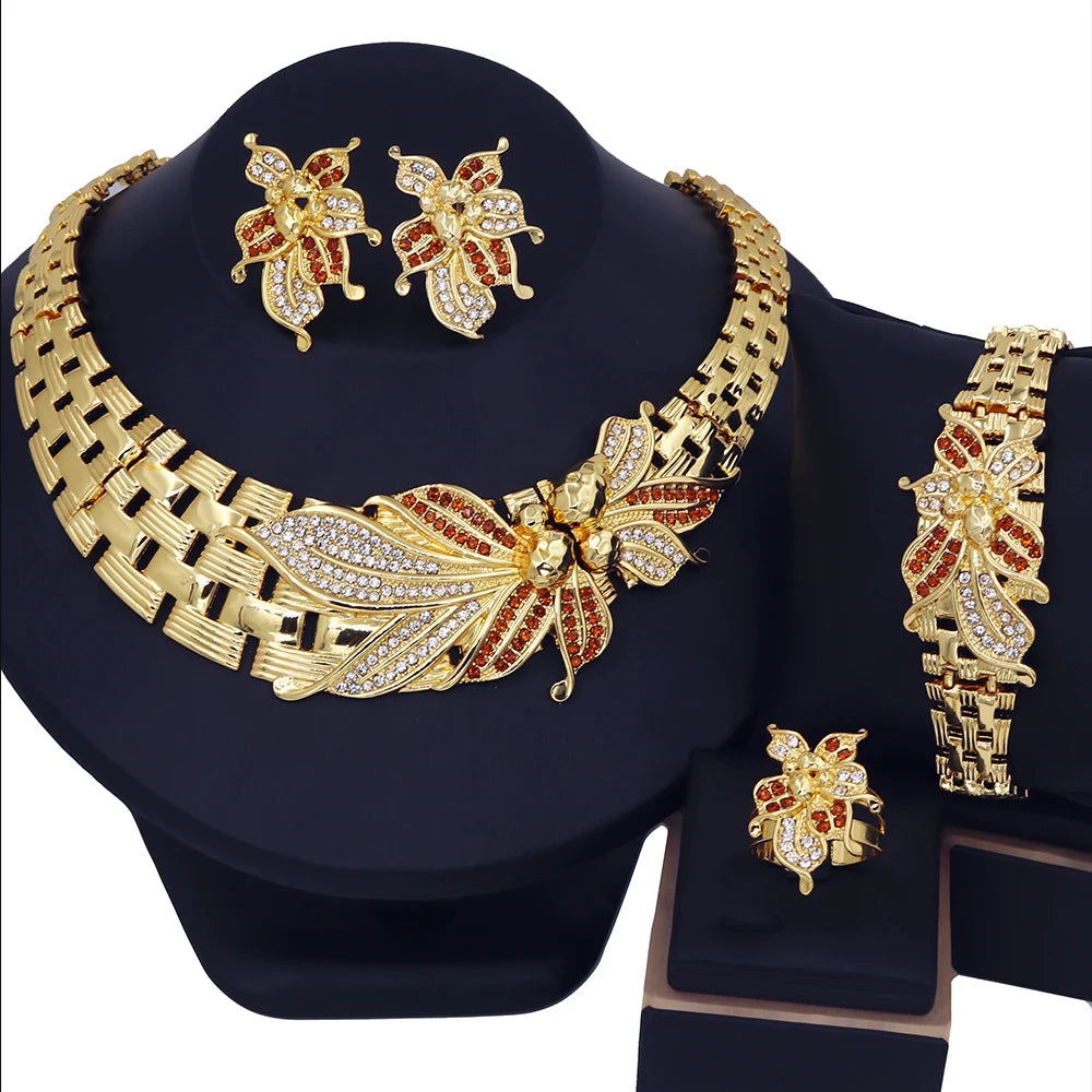 YTJX Ensemble de bijoux de mariage africains, grand collier ras du cou fleur, bracelet zircon fin, boucles d'oreilles perçantes, bague, plaqué or 18 carats