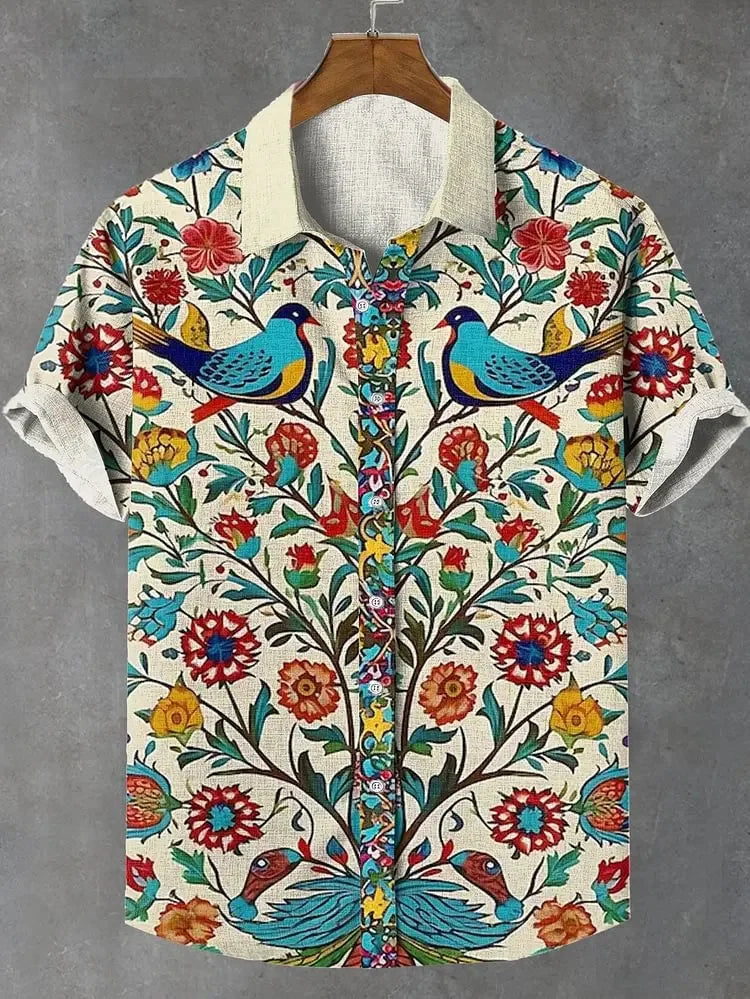 Camicia a maniche corte stampata da uomo estiva Camicia di lino vintage Festival da uomo Casual Manica corta Top Street Trend Consegna veloce
