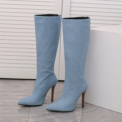 2025 White Snake Print Leather Knee High Boots Thin Heel Zipper Sexy Party Shoe Pointy Toe Thigh High Woman Long Boot Size 34-43