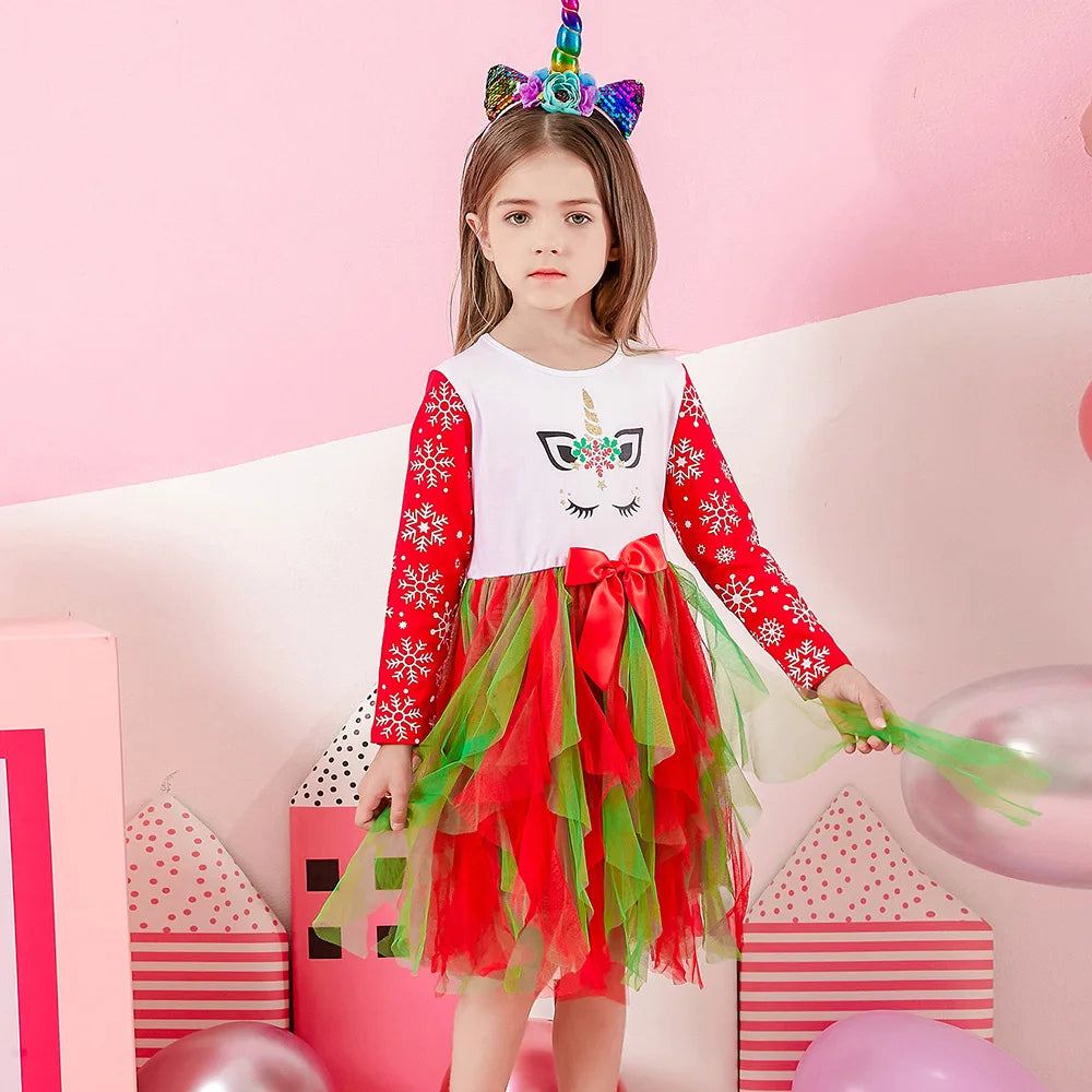 VIKITA Abito da bambina con unicorno natalizio Abito da tutù con stampa fiocco di neve a maniche lunghe per bambini con gonna in tulle a strati rosso verde per Natale