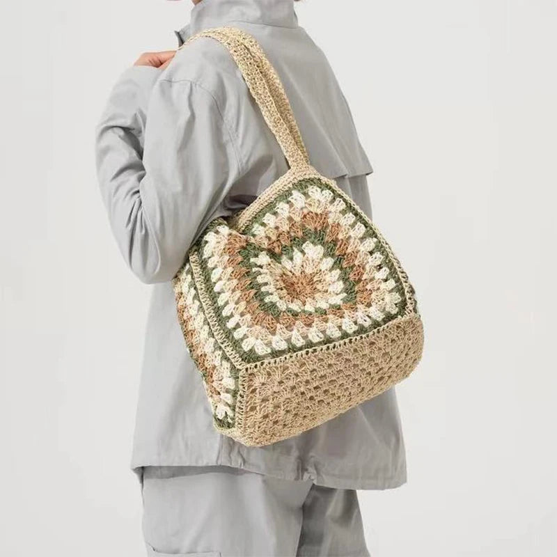 Borsa estiva intrecciata a mano Borsa con motivo abbinato ai colori Fodera in tela Tote di grande capacità Borsa da spiaggia per vacanze al mare Borsa da donna