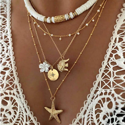 Collier de bijoux de plage d'été bohème tendance pour femmes, pendentif étoile de mer et coquillage en poterie douce, style vintage, multicouche, ras-de-cou, cadeaux