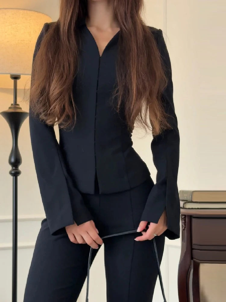 Completo da Donna Due Pezzi: Blazer Aderente a Maniche Lunghe con Peplum e Pantaloni a Vita Alta Svasati, Outfit Casual da Lavoro