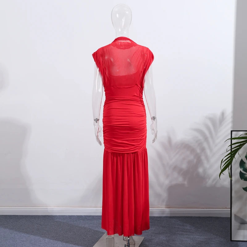 Maglia sexy vedere attraverso lungo abito rosso senza maniche piega patchwork a-line maxi abiti da festa femminile 2025 estate signora abiti slim
