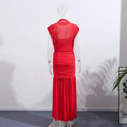 Maglia sexy vedere attraverso lungo abito rosso senza maniche piega patchwork a-line maxi abiti da festa femminile 2025 estate signora abiti slim