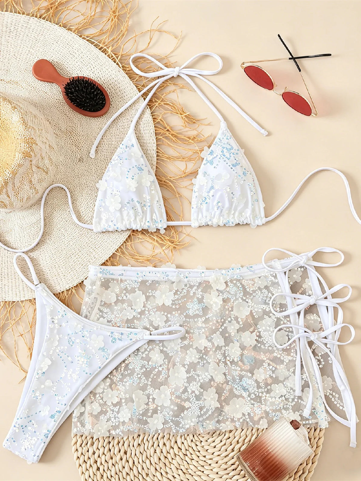 Costume da bagno a 3 pezzi con gonna in rete rosa con paillettes, reggiseno push-up e perizoma, stile brasiliano, per donna, ideale per le vacanze.