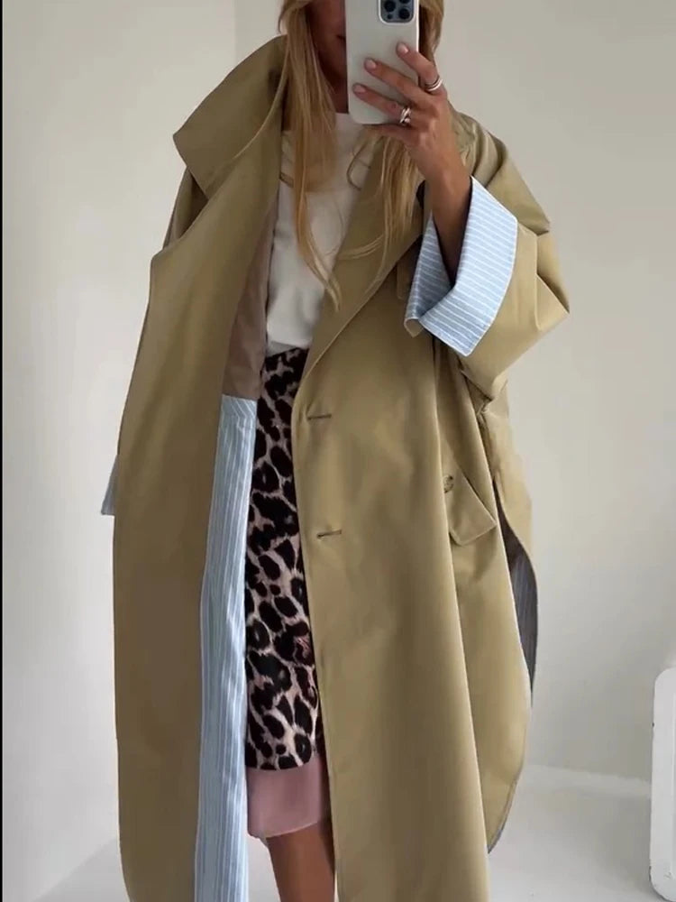 Trench lungo con lacci solido Moda donna Manica intera Risvolto monopetto Capispalla allentato Lady Autunno Cappotto Highstreet quotidiano