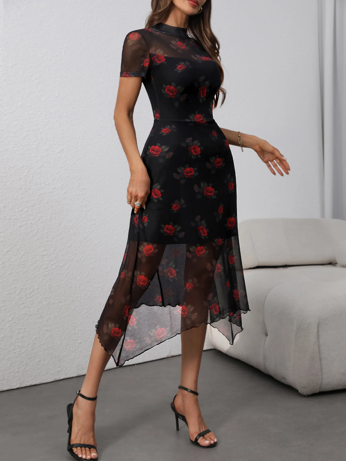 Abito Midi Gotico Elegante con Stampa Floreale, Maniche Corte, Stile Fairy Grunge, Patchwork in Rete a Doppio Strato, Techwear Gotico