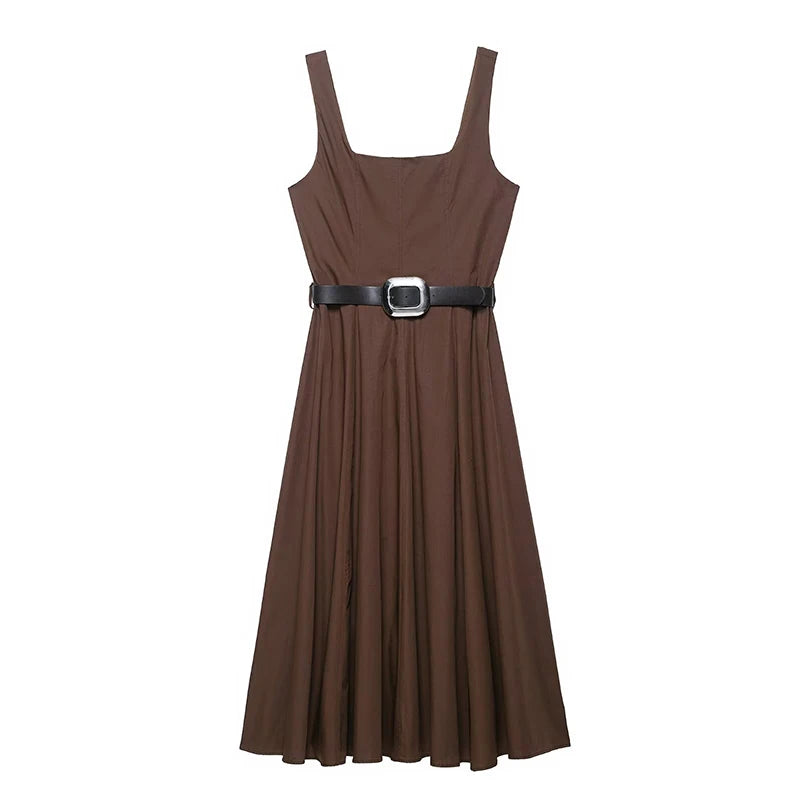 Cintura di moda Piega Abito lungo Donna Colletto quadrato Senza maniche Backless A-line Party Maxi Abiti 2025 Summer Office Lady Vestidos