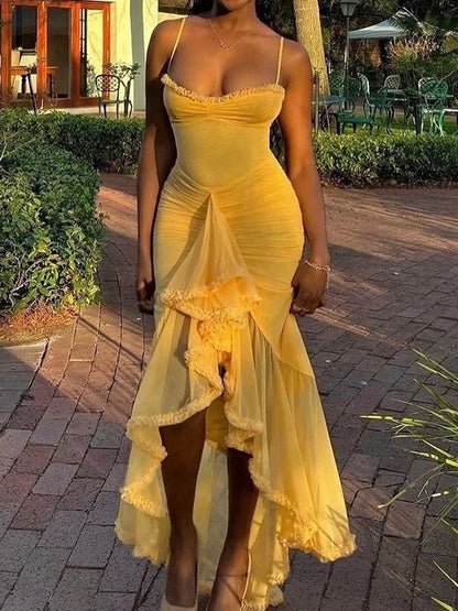 Summer Dresses Women Backless Elegant Ladies Sexy Long Summer Dress with Short Sleeves Skinny Thin Strap Dress Pleated