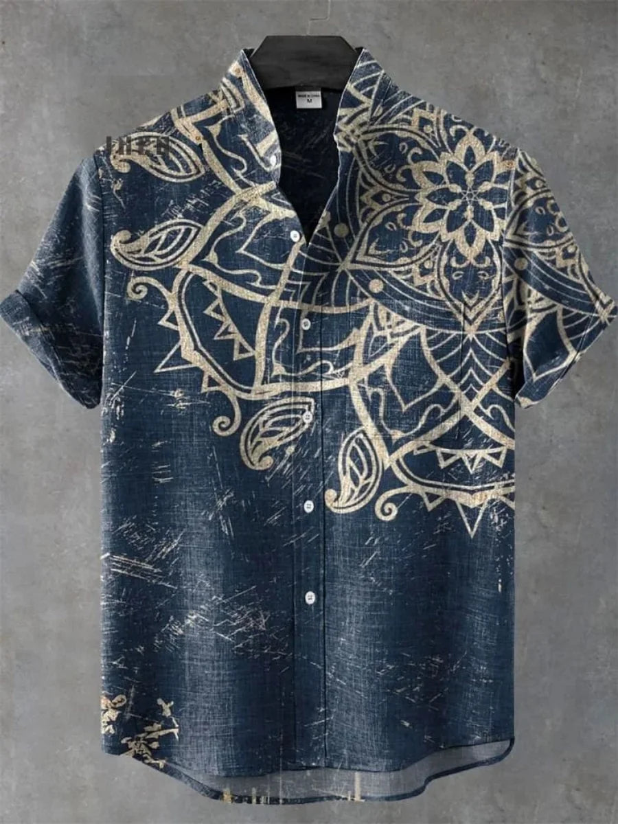 2025 Camicia a maniche corte con motivo floreale mandala da uomo Camicia estiva vintage nuova in lino Manica corta da uomo per il tempo libero Vacanza Streetwea