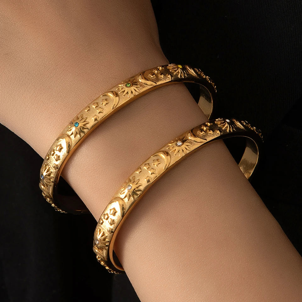 Bracciale rigido classico in acciaio inossidabile con stella lunare e sole, eleganti braccialetti aperti in metallo per le donne, regalo per feste