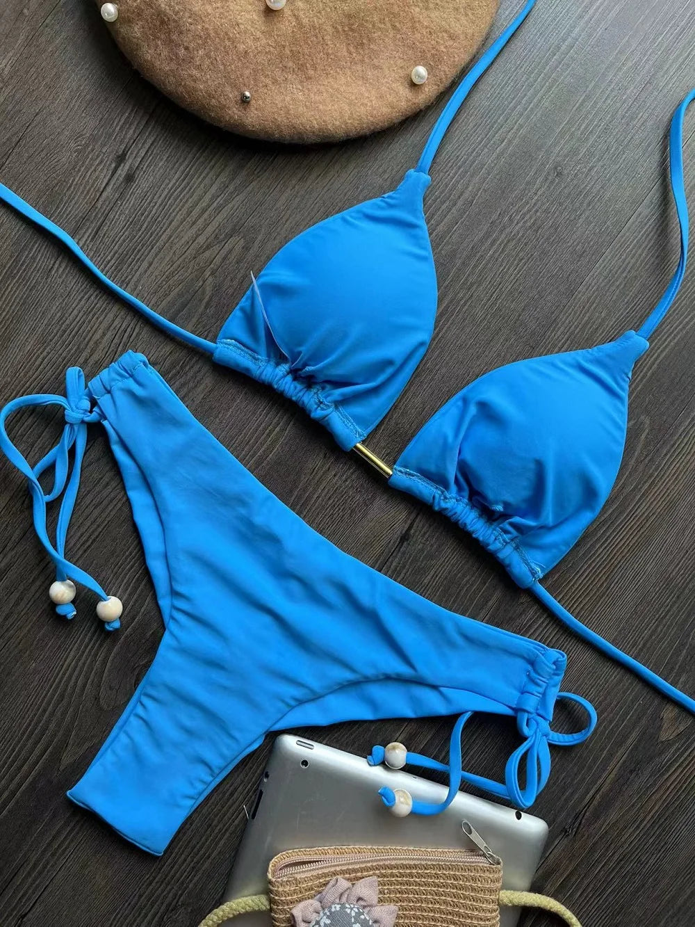 Solid color sexy swimsuit women's new bikini blue beachwear split Brazilian bikini set