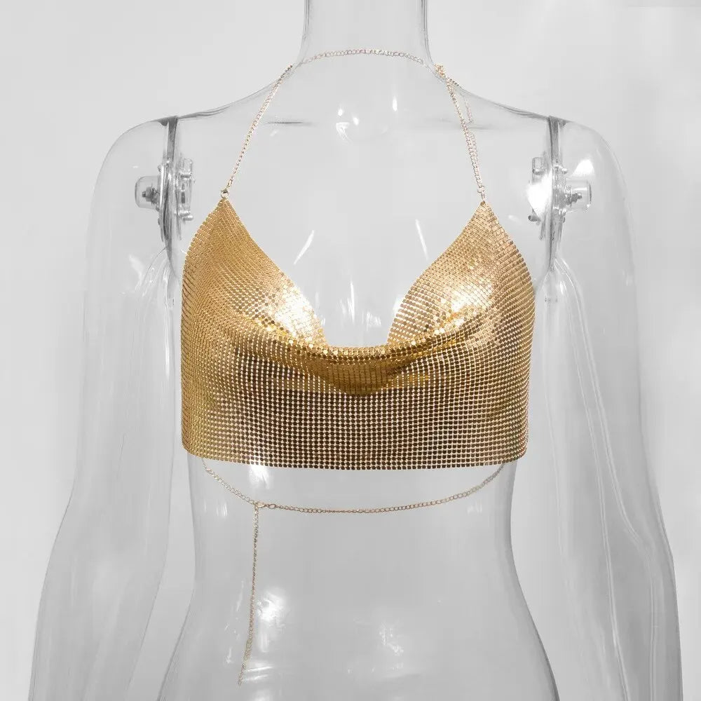 Sexy Estate Con Paillettes In Metallo Crop Magliette E Camicette Bretelle Halter Backless Night Club Canotta 2024 Nuove Donne Abbigliamento Moda Y2k Magliette E Camicette