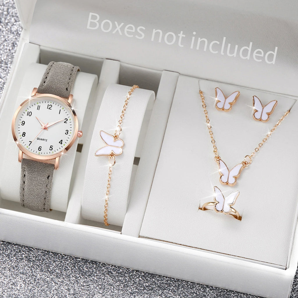 6 pezzi orologio da donna moda quadrante arabo cinturino in pelle orologi al quarzo set di gioielli a farfalla (senza scatola)