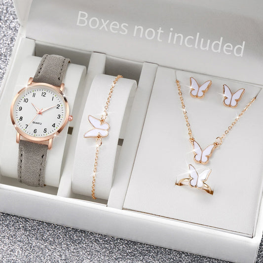 6 pezzi orologio da donna moda quadrante arabo cinturino in pelle orologi al quarzo set di gioielli a farfalla (senza scatola)