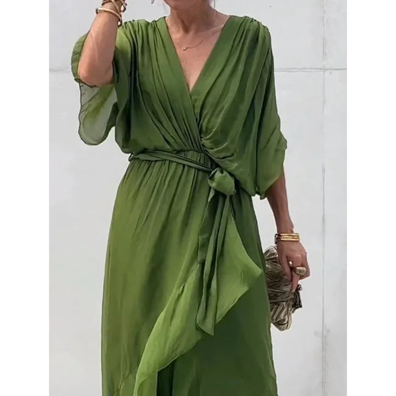 Abiti da festa eleganti in chiffon solido per le donne Sexy scollo a V maniche a pipistrello Lace Up Ruffles Abito lungo irregolare Abito casual Femme