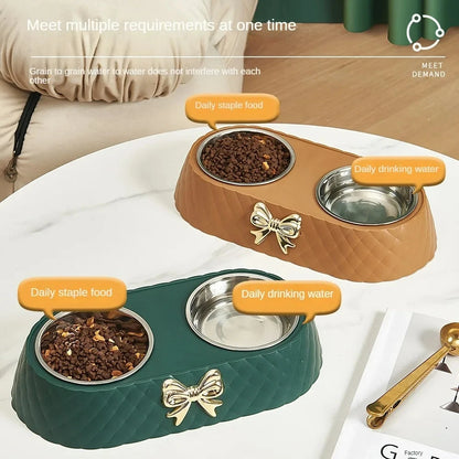 Forniture per animali domestici Papillon Bowknot Ciotola per cibo per gatti Base in PP Ciotola per cani Doppio accessorio per animali domestici in acciaio inossidabile Alimentazione Bere Doppia ciotola