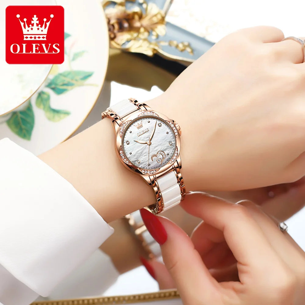 OLEVS 6631 Orologi automatici da donna Eleganti orologi da polso meccanici da donna impermeabili con cinturino in ceramica color oro rosa e lunetta con diamanti