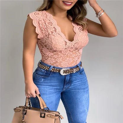 Débardeur d'été sexy en dentelle à col en V pour femmes, gilet de couleur unie, débardeur sans manches, t-shirt élégant et moulant avec broderies florales pour le club