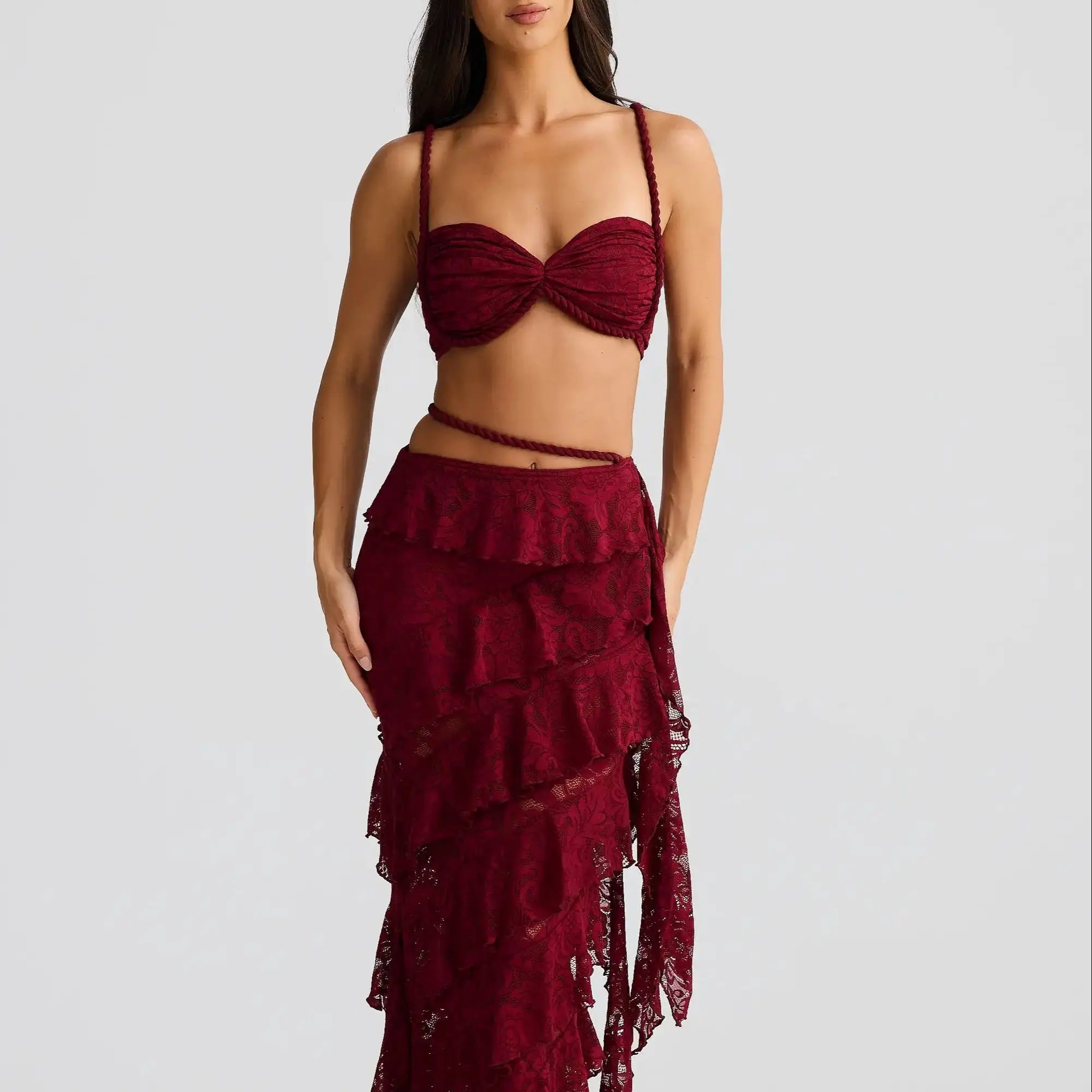 Costume da bagno bikini in pizzo con gonna fasciatura costumi da bagno donna bikini brasiliano 2 pezzi costume da bagno gonna a linea estate femminile