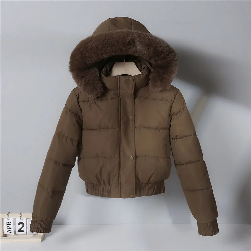 Parka corti invernali da donna, abbigliamento imbottito in cotone, capi esterni più spessi con interno in velluto, cappotti con collo in pelliccia e cappuccio removibile, giacche calde.