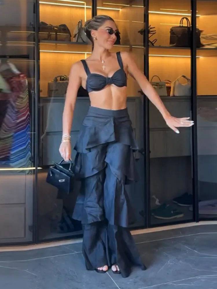 Pantaloni a Balze a Strati Blu Navy alla Moda da Donna, a Vita Alta e Gamba Larga, Lunghi, Nuova Collezione 2026, Casual da Vacanza e Streetwear