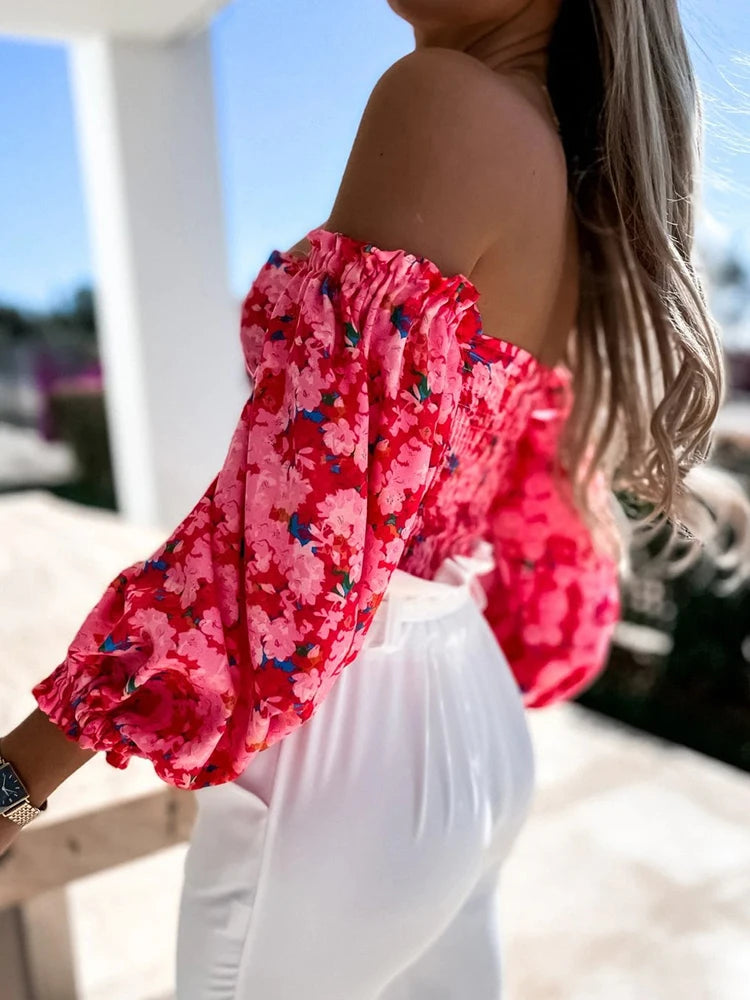 Boho Sexy Women Top Summer Off Shoulder Floral Blouses Women Casual Backless Blouse Female Holiday Slash Neck Tops Clothing