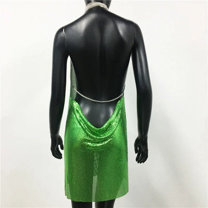 AKYZO Mini abito patchwork con paillettes dorate sexy Donna senza maniche Taglio basso Catene di metallo Halter Slim Abiti da festa da discoteca affascinanti