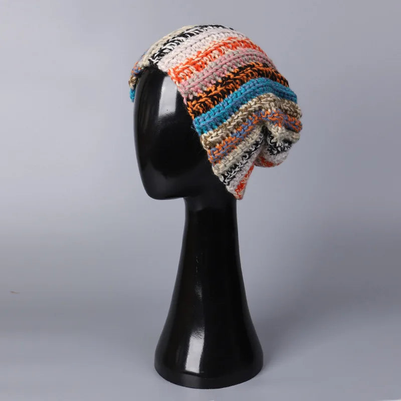 Cappello da donna in lana lavorata a maglia con ago fatto a mano in stile giapponese da uomo Cappello invernale a righe in lana colorata con protezione per le orecchie calda