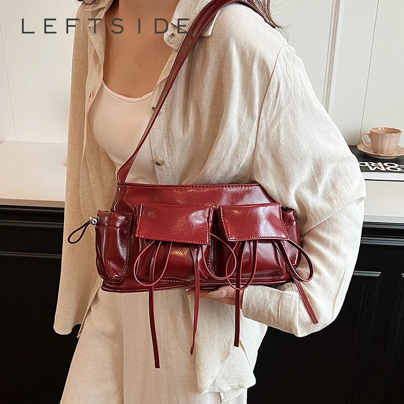 LEFTSIDE Borse a tracolla in pelle PU con design a doppia tasca per donna 2025 Borsa a tracolla di nuova tendenza della moda Borse da donna in argento