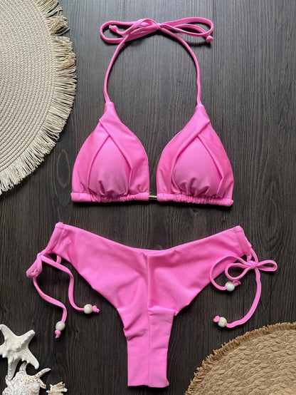 Solid color sexy swimsuit women's new bikini blue beachwear split Brazilian bikini set