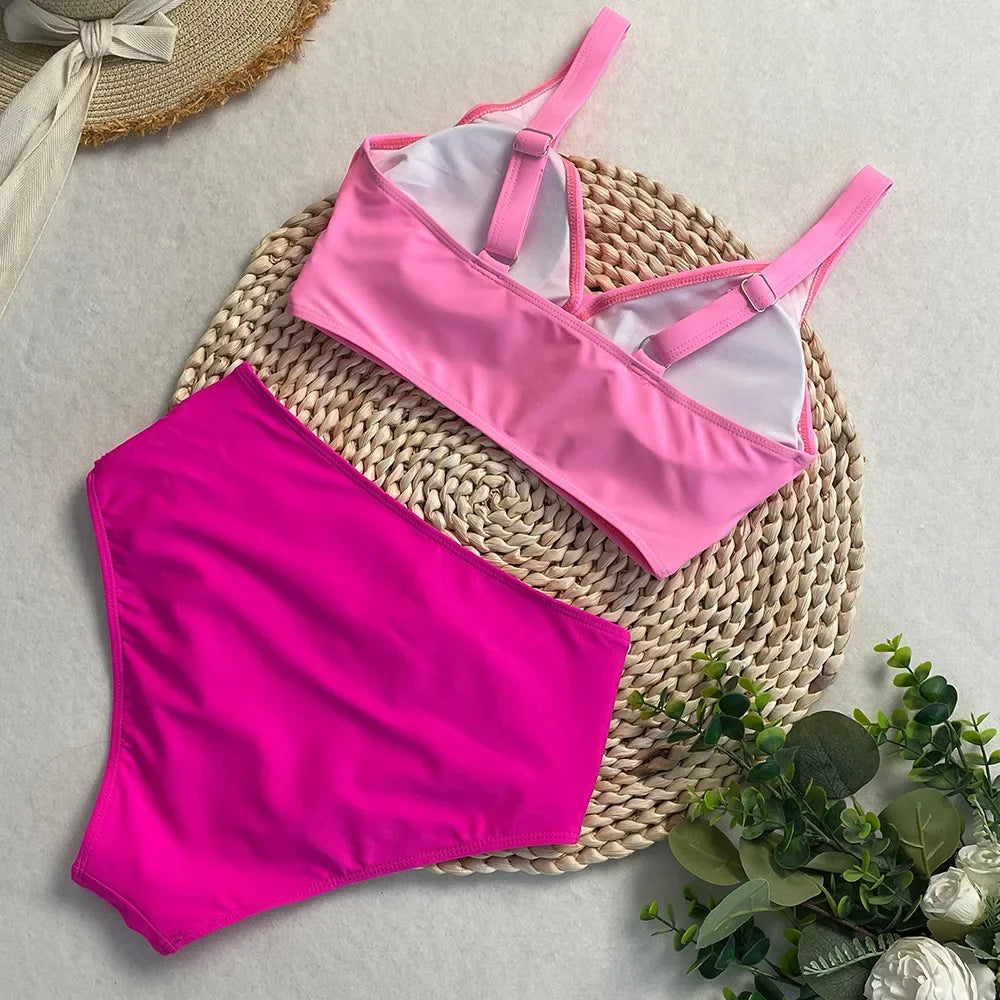 swimsuit ladies Women's High Waist  Bikini Sets Sporty Two Piece Swimsuits Solid Colors High Cut Bathing Suits Women Bikini Sets