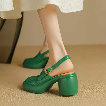 Sandali estivi Punta tonda Scava fuori Sandali con tacco alto per donna Sandali con plateau Zapatos Mujer Tacco grosso Scarpe di pelle di pecora Verde