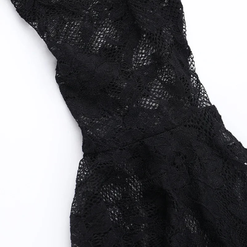 Y2K Goth floreale pizzo maglia manica svasata aderente abiti da festa sexy vintage elegante velluto nero con scollo a V abito lungo partywear