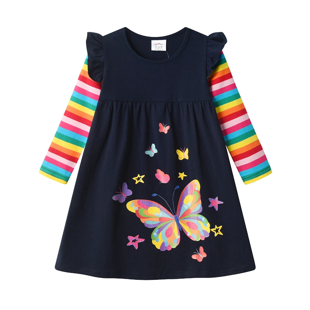 DXTON Abiti giornalieri per bambini Abbigliamento casual per bambini in cotone Arcobaleno Manica lunga Abito per bambini Farfalla Vacanza Vestito per ragazze