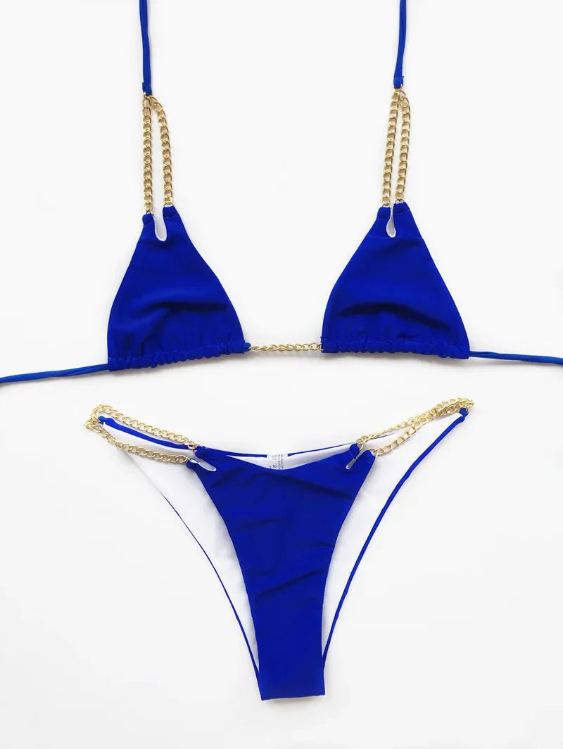 Micro Bikini Sexy 2026 Nero Solido con Reggiseno Push-Up e Cinghie Metalliche, Costume da Bagno Brasiliano, Perizoma, Biquini