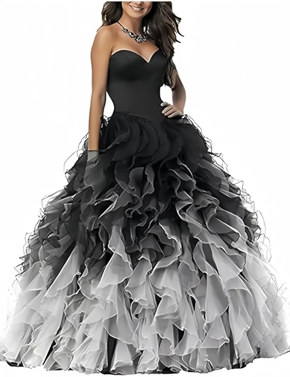 Abito Quinceanera in organza senza spalline con volant Abiti da ballo Abito da ballo lungo gonfio con scollo a cuore Ombre Abito da cocktail da sposa