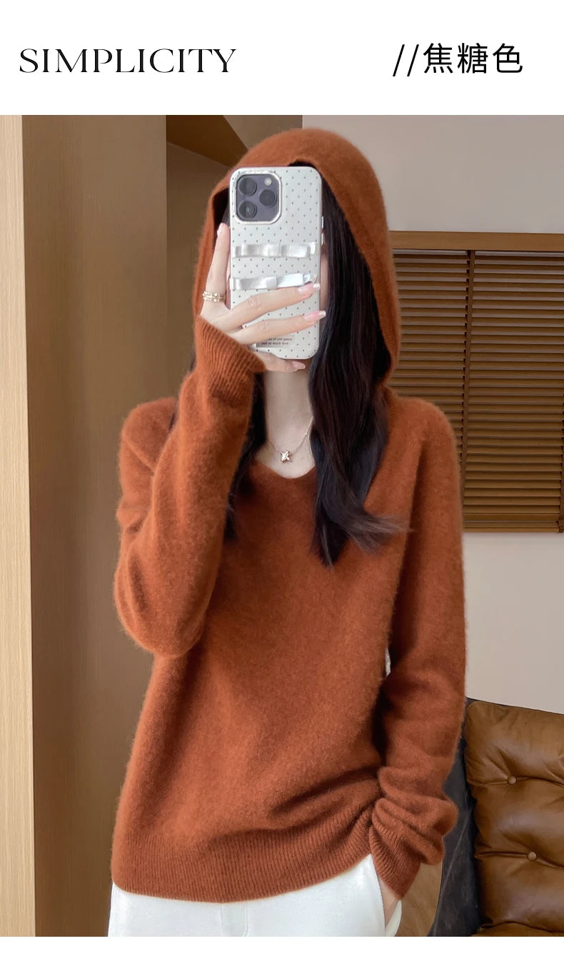 Abbigliamento donna autunno inverno colletto con cappuccio pullover maglione di lana merino 100% nuova moda top in cashmere che tocca il fondo maglieria morbida