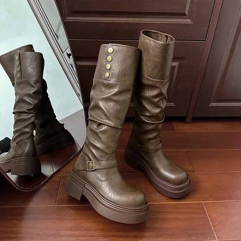 Women's Platform Motorcycle Boots Buckle Strap Thick-soled Boots Feamle New Fashion Black PU Leather Western Knight Botas Mujer