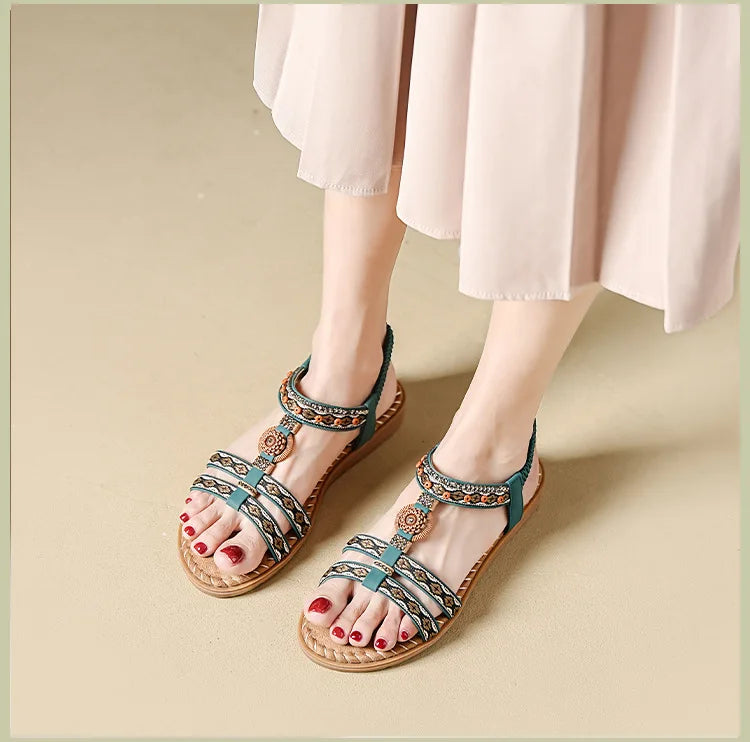 Elegante Damen-Sommersandale im Bohemian-Stil, rutschfest, bequem, für Alltag, Urlaub, flache Strandschuhe