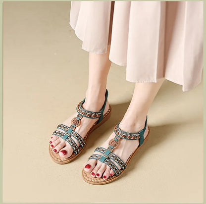Elegante Damen-Sommersandale im Bohemian-Stil, rutschfest, bequem, für Alltag, Urlaub, flache Strandschuhe