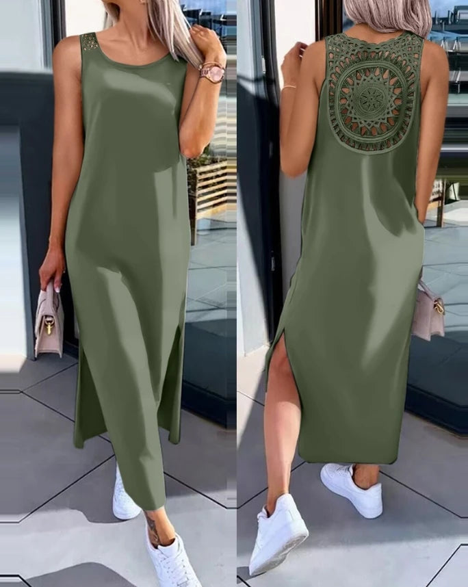 Abiti da donna 2024 Moda estiva con spacco scavato Casual tinta unita girocollo senza maniche abito dritto quotidiano a metà polpaccio