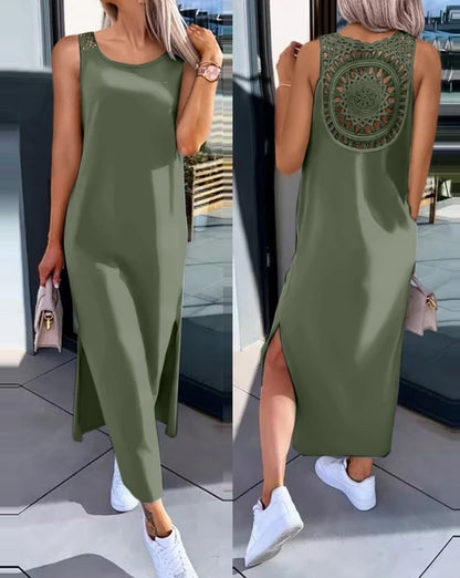 Abiti da donna 2024 Moda estiva con spacco scavato Casual tinta unita girocollo senza maniche abito dritto quotidiano a metà polpaccio