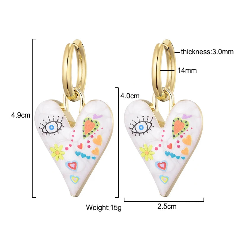 Nuovi orecchini a cerchio in acciaio inossidabile con occhio di cuore carino alla moda per le donne Gioielli femminili di amore con pendente color oro smaltato vintage colorato