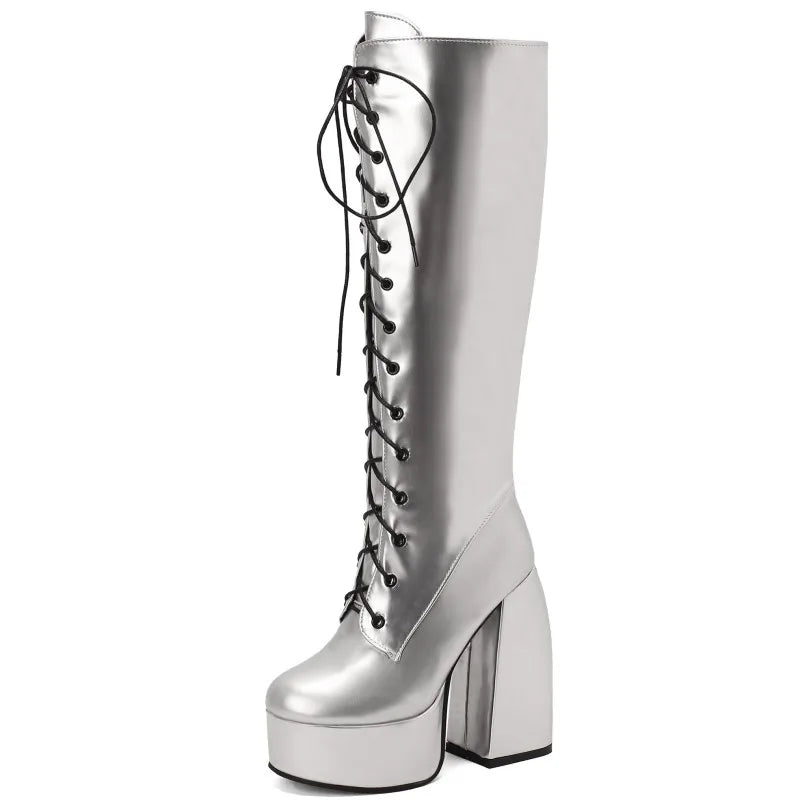 Sexy Lace Up Platform Long Boots Women Thick Gothic Heels High Knee Boot Winter Red Black Green Fetish Party Shoes Large Size 48