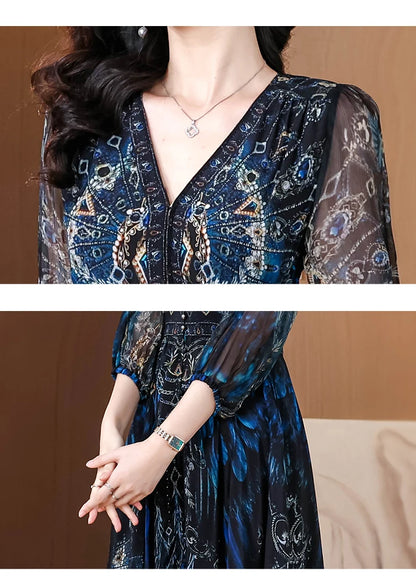 Vacanza primaverile Boho Beach Hepburn Maxi Abiti 2025 Stampa vintage da donna Elegante abito da sera estivo in seta di lusso