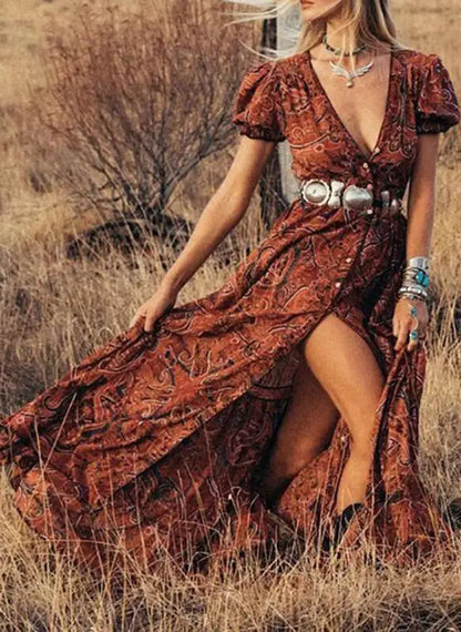 TEELYNN boho abito lungo Vintage 2023 stampa floreale Chiffon manica a tre quarti scollo a v estate Gypsy Hippie abiti da donna vestidos